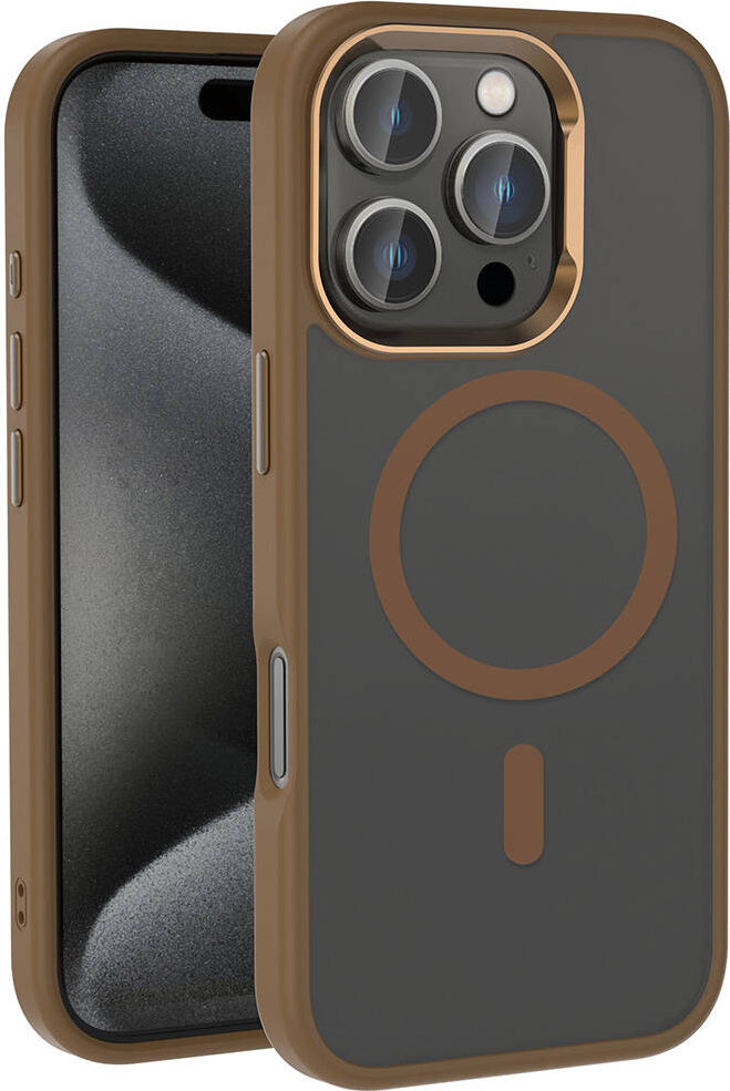 Apple iPhone 16 Pro Kılıf Magsafe Şarj Özellikli Parlak Kamera Çerçeveli Mnc Kost Kapak-Rose Brown