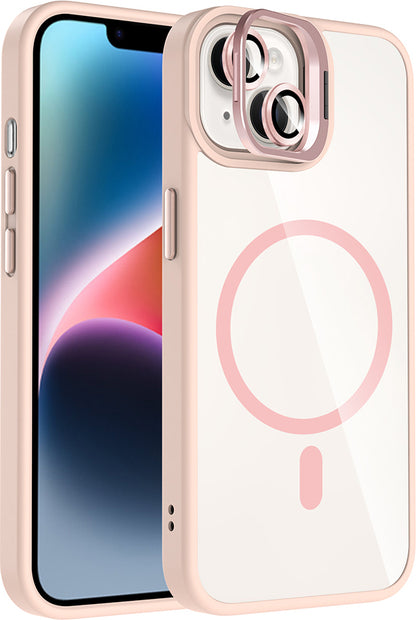iPhone 13 Kılıf Standlı ve Kamera Lens Hediyeli M-Safe Şarj Özellikli Mnc Etro Kapak - Pembe
