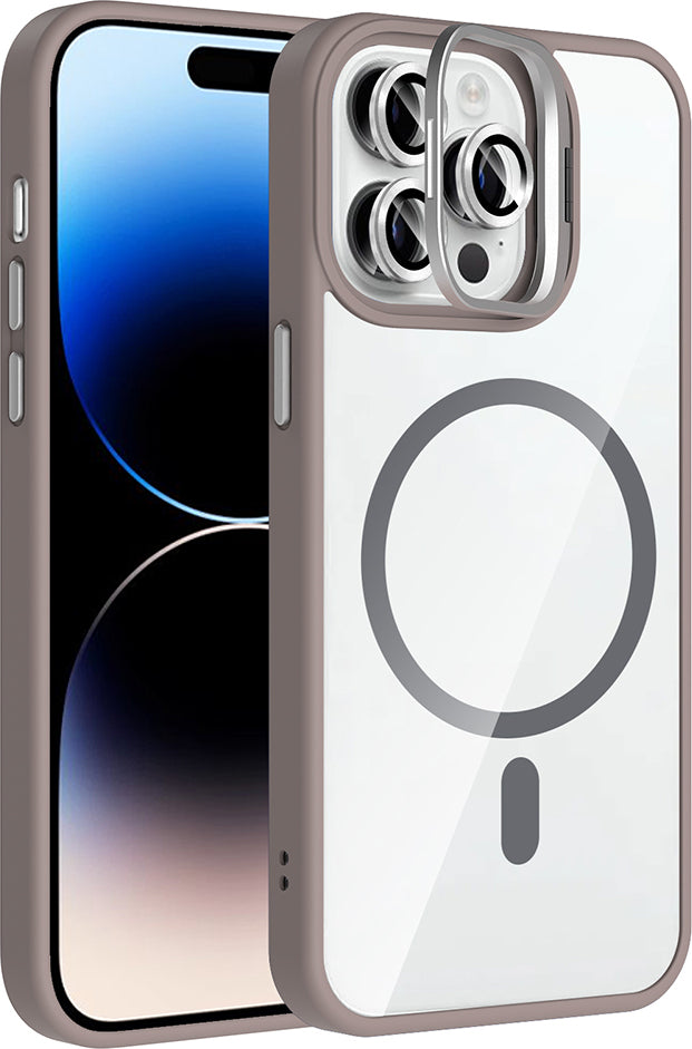 iPhone 14 Pro Max Kılıf Standlı ve Kamera Lens Hediyeli M-Safe Şarj Özellikli Mnc Etro Kapak - Gri