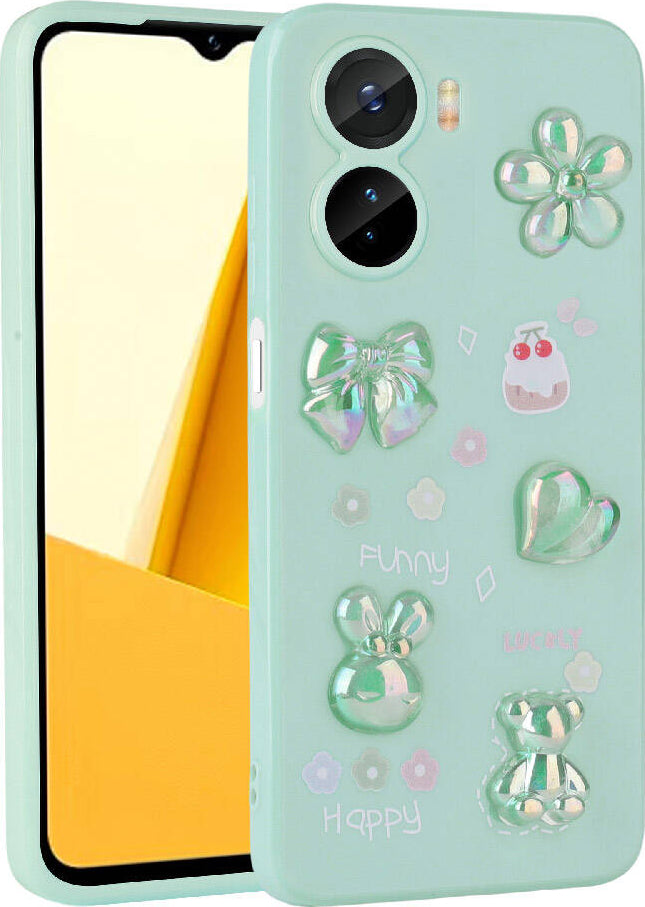 Vivo Y16 Kılıf Kabartma Figürlü Parlak Mnc Toys Silikon Kapak-Açık Yeşil