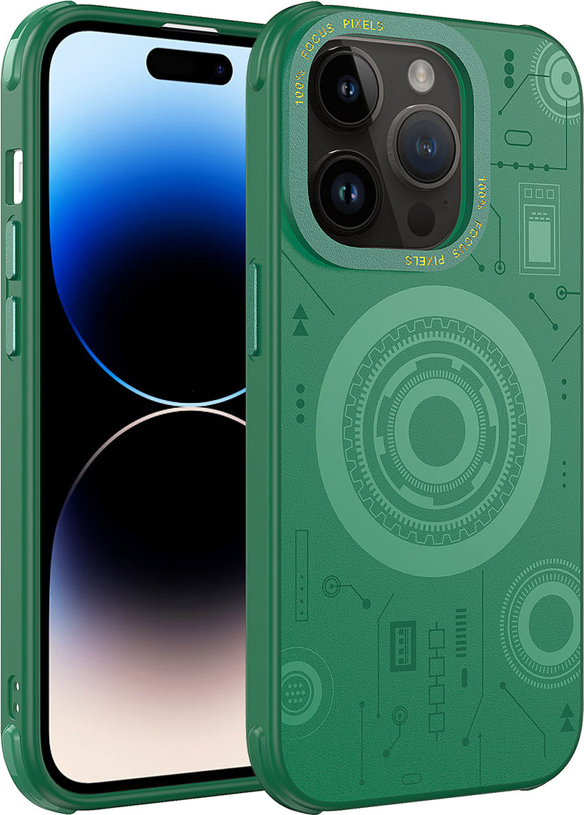 iPhone 14 Pro Uyumlu Mnc Wireless Şarj Özellikli Desenli Hot Kapak-Koyu Yeşil