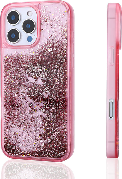 iPhone 16 Pro Uyumlu Kılıf Sıvılı Simli Şeffaf Arka Yüzey Mnc Keto Silikon Kapak-Pembe