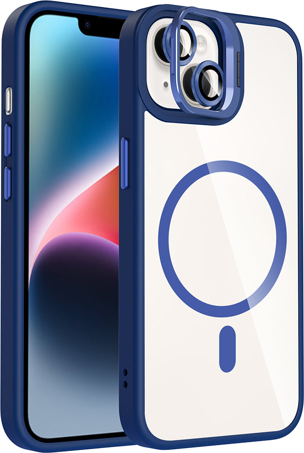 iPhone 14 Kılıf Standlı ve Kamera Lens Hediyeli M-Safe Şarj Özellikli Mnc Etro Kapak - Lacivert
