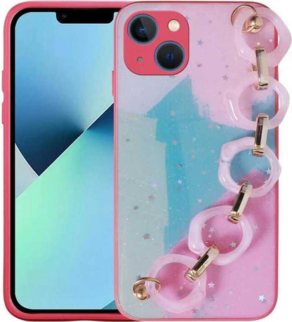 iPhone 13 Kılıf Simli Desenli El Askılı Tutacaklı Mnc Elsa Silikon Kapak-Pembe Koyu