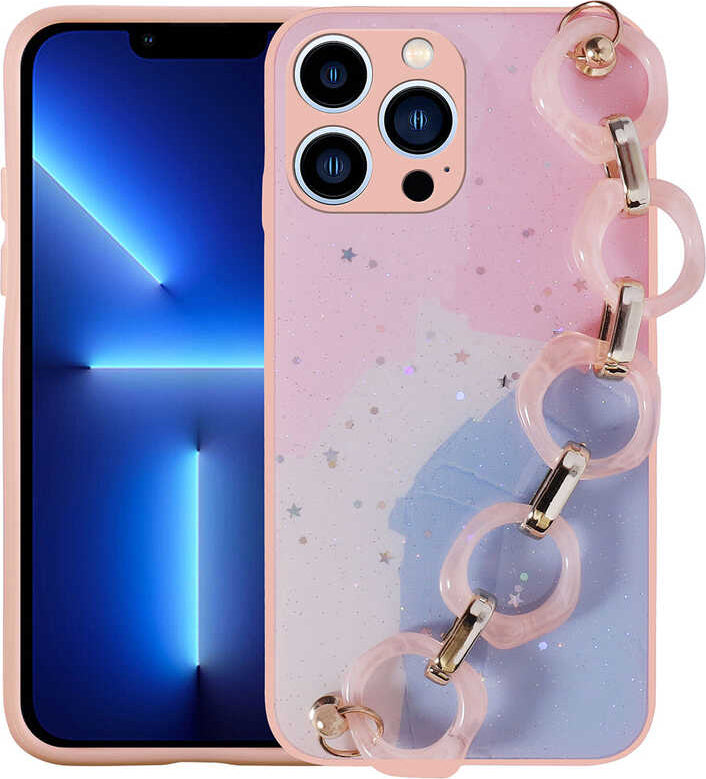 iPhone 13 Pro Kılıf Simli Desenli El Askılı Tutacaklı Mnc Elsa Silikon Kapak-Pembe