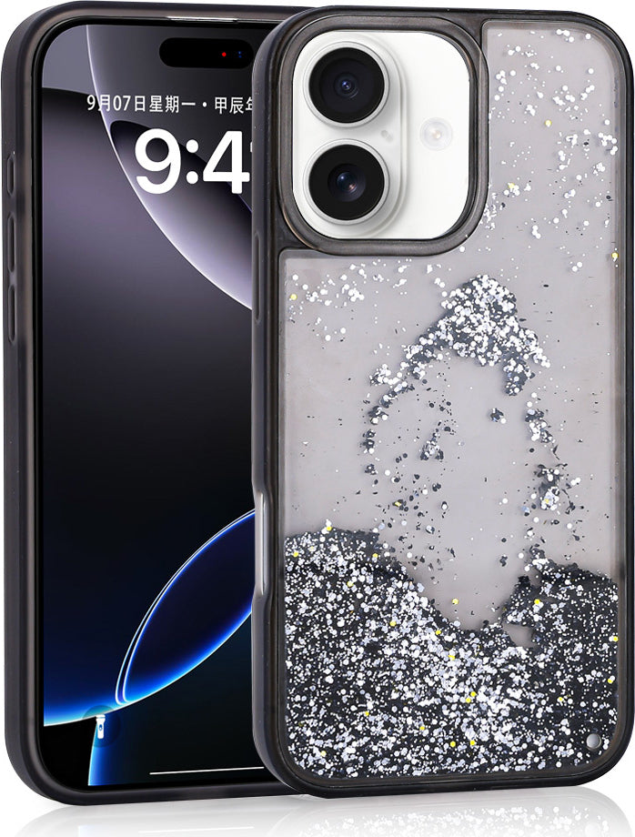 iPhone 16 Uyumlu Kılıf Sıvılı Simli Şeffaf Arka Yüzey Mnc Keto Silikon Kapak-Siyah