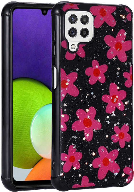 Galaxy M32 Kılıf Simli Desenli Kamera Korumalı Parlak Mnc Popy Kapak-Çiçek