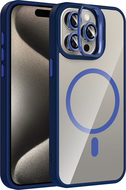 iPhone 15 Pro Kılıf Standlı ve Kamera Lens Hediyeli M-Safe Şarj Özellikli Mnc Etro Kapak - Lacivert