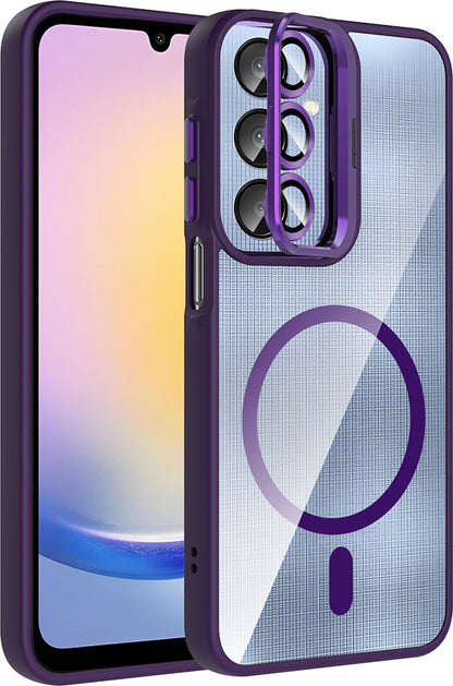 Galaxy A25 Kılıf Standlı ve Kamera Lens Hediyeli M-Safe Şarj Özellikli Mnc Etro Kapak - Derin Mor