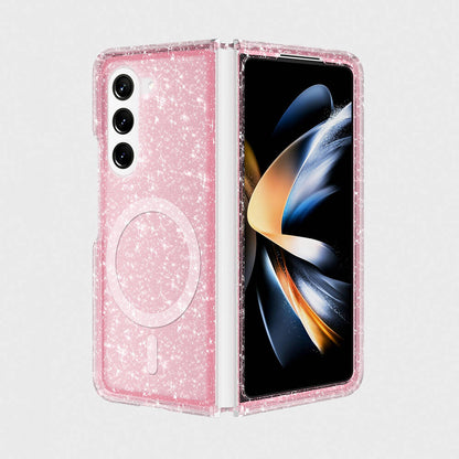 Galaxy Z Fold 6 Kılıf Magsafe Şarj Özellikli Parlayan Simli Saydam Renkli Mnc Allstar Kapak-Pembe