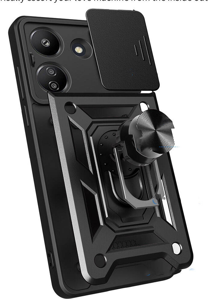 Xiaomi Poco C65 Kılıf Magnetik Standlı Kamera Korumalı Mnc Sürgülü Vega Kapak-Siyah