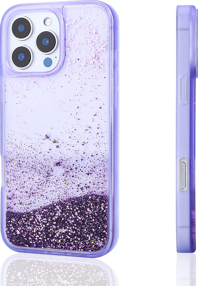 iPhone 16 Pro Max Uyumlu Kılıf Sıvılı Simli Şeffaf Arka Yüzey Mnc Keto Silikon Kapak-Mor