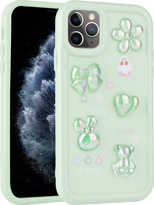 Apple iPhone 11 Pro Max Kılıf Kabartma Figürlü Parlak Mnc Toys Silikon Kapak-Açık Yeşil