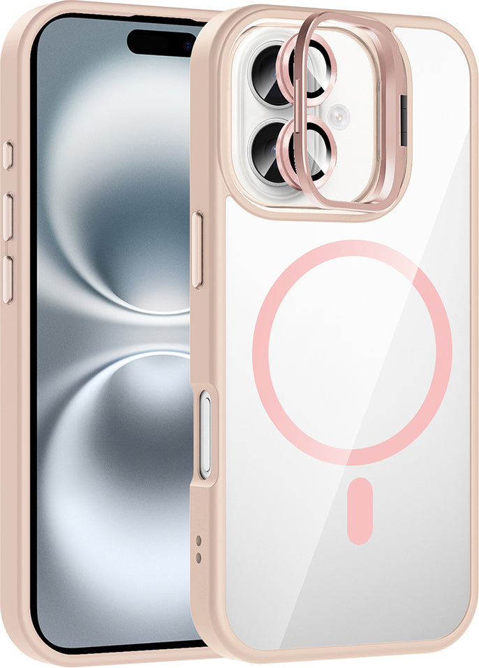 iPhone 16 Plus Kılıf Standlı ve Kamera Lens Hediyeli M-Safe Şarj Özellikli Mnc Etro Kapak - Pembe