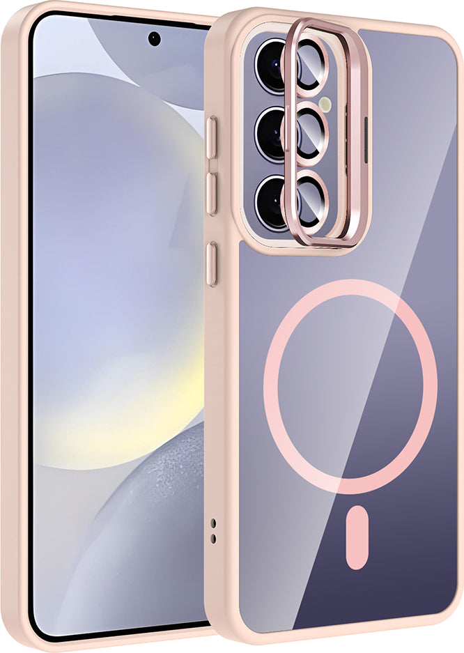 Galaxy S25 Plus Kılıf Standlı ve Kamera Lens Hediyeli M-Safe Şarj Özellikli Mnc Etro Kapak - Pembe