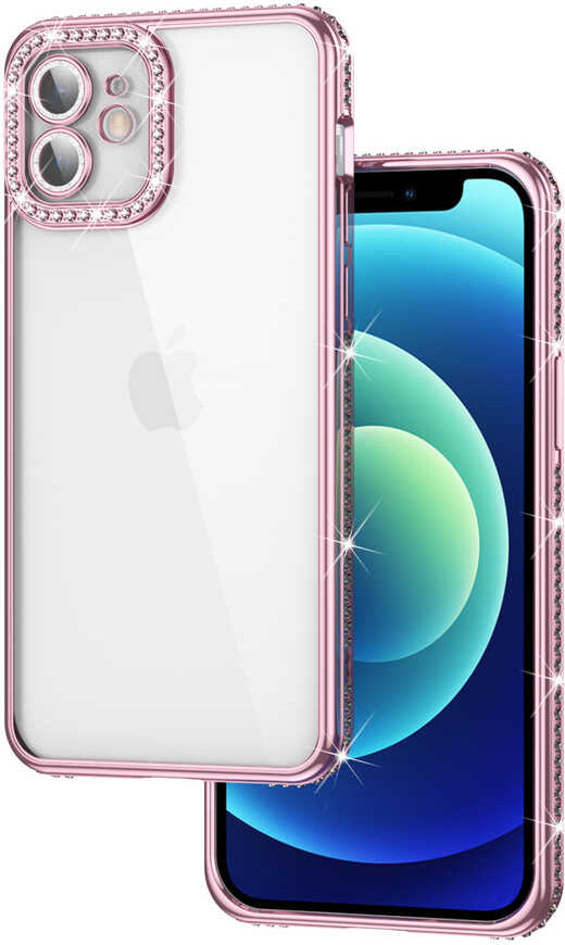iPhone 12 Uyumlu Kamera Korumalı Taşlı Mnc Mina Kapak-Rose Gold