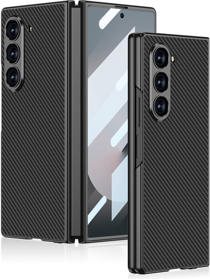 Galaxy Z Fold 6 Kılıf Karbon Fiber Tasarımlı Titanyum Metal Mnc Kıpta Caz Kapak-Siyah Karbon