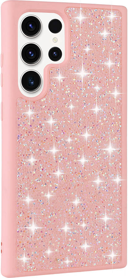 Galaxy S23 Ultra Kılıf Parlak Taşlı Tasarım Mnc Pırlanta Kapak-Pembe