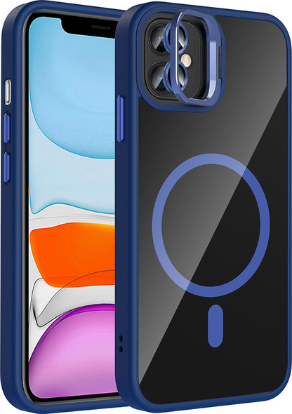iPhone 11 Kılıf Standlı ve Kamera Lens Hediyeli M-Safe Şarj Özellikli Mnc Etro Kapak - Lacivert