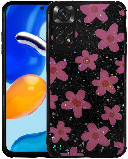 Xiaomi Redmi Note 11 Global Kılıf Simli Desenli Kamera Korumalı Parlak Mnc Popy Kapak-Çiçek