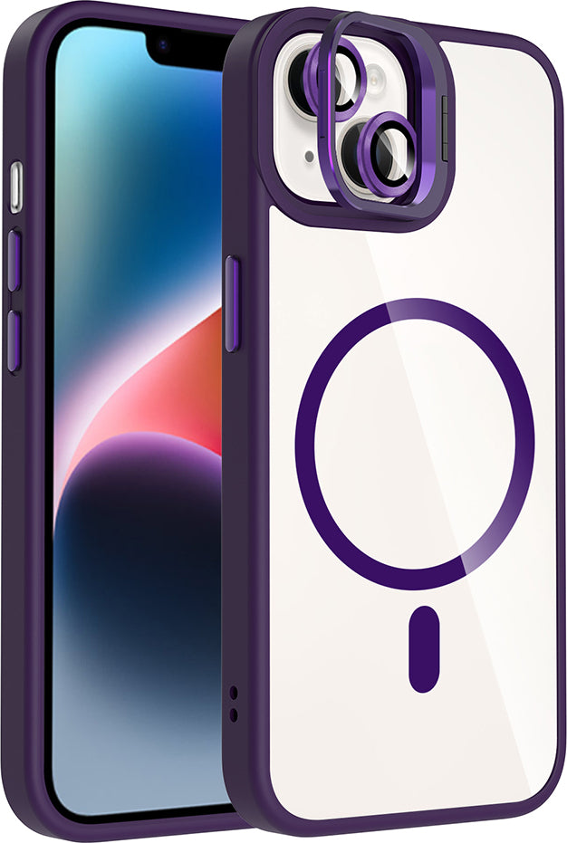 iPhone 13 Kılıf Standlı ve Kamera Lens Hediyeli M-Safe Şarj Özellikli Mnc Etro Kapak - Derin Mor