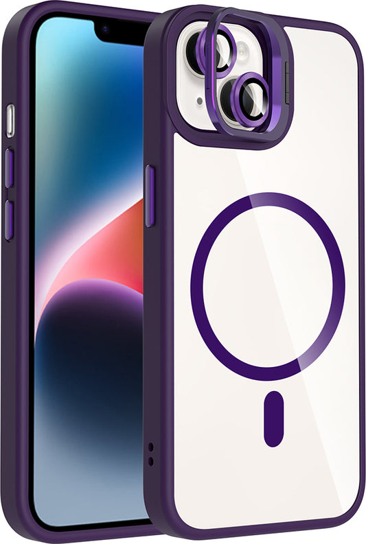 iPhone 13 Kılıf Standlı ve Kamera Lens Hediyeli M-Safe Şarj Özellikli Mnc Etro Kapak - Derin Mor