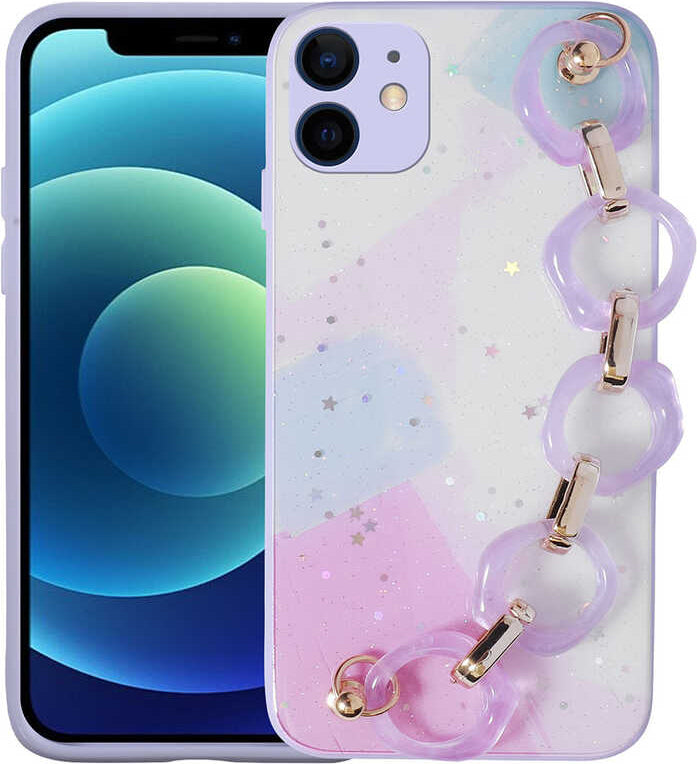 iPhone 11 Kılıf Simli Desenli El Askılı Tutacaklı Mnc Elsa Silikon Kapak-Lila