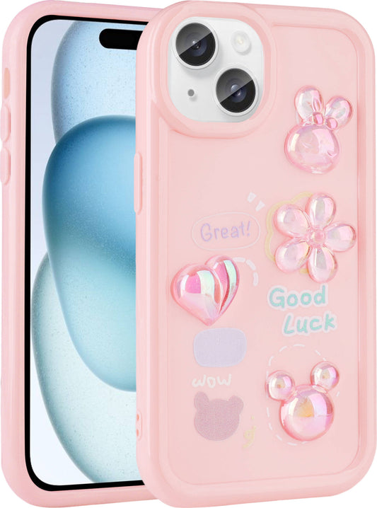 Apple iPhone 14 Plus Kılıf Kabartma Figürlü Parlak Mnc Toys Silikon Kapak-Pembe