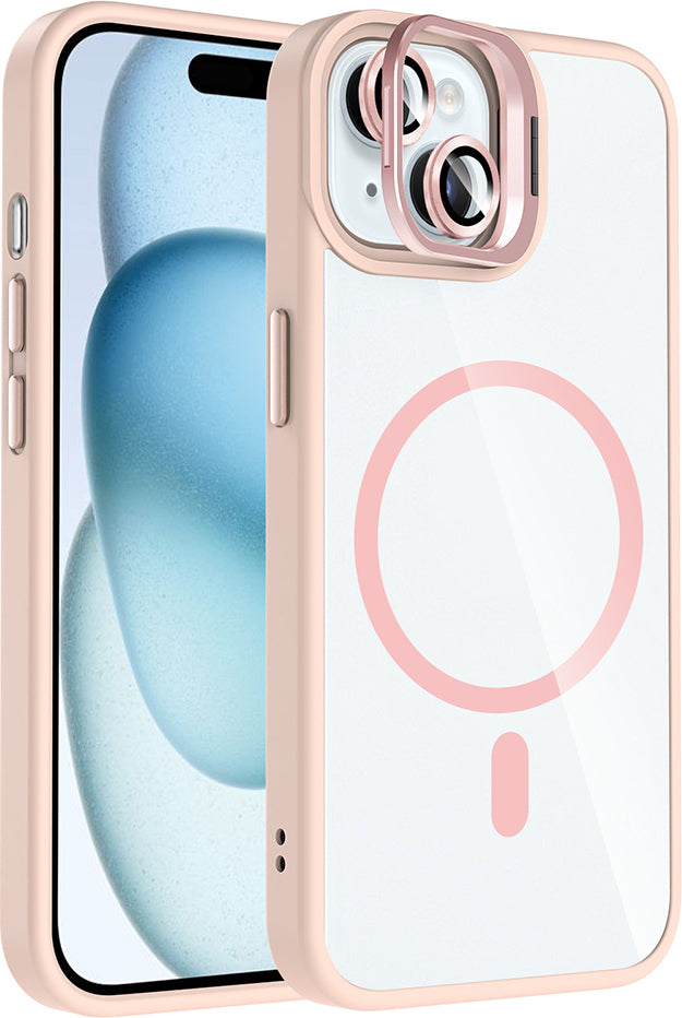 iPhone 15 Kılıf Standlı ve Kamera Lens Hediyeli M-Safe Şarj Özellikli Mnc Etro Kapak - Pembe