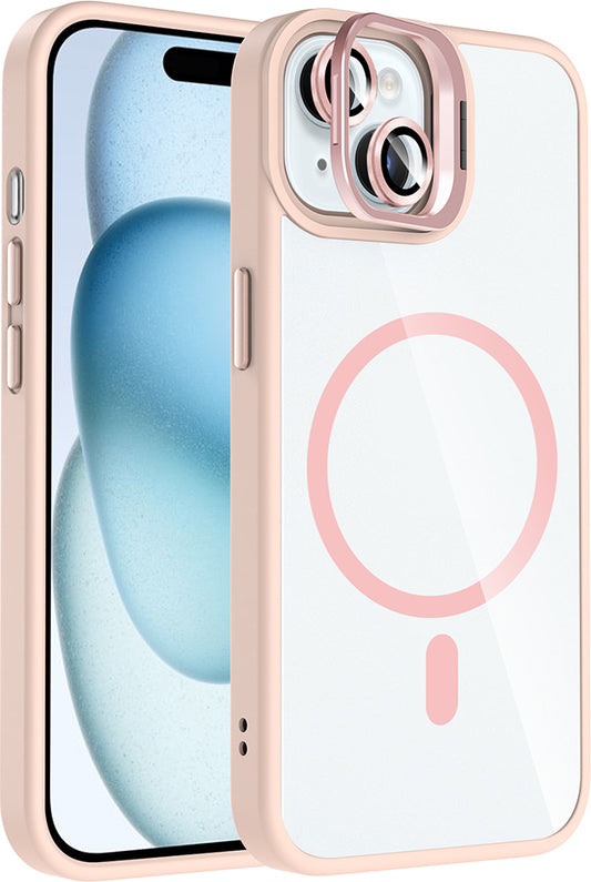 iPhone 15 Kılıf Standlı ve Kamera Lens Hediyeli M-Safe Şarj Özellikli Mnc Etro Kapak - Pembe