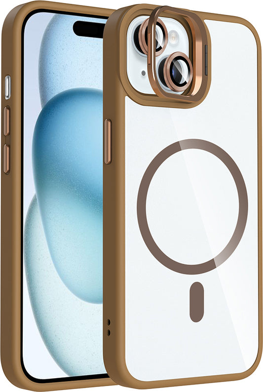 iPhone 15 Kılıf Standlı ve Kamera Lens Hediyeli M-Safe Şarj Özellikli Mnc Etro Kapak - Pembe