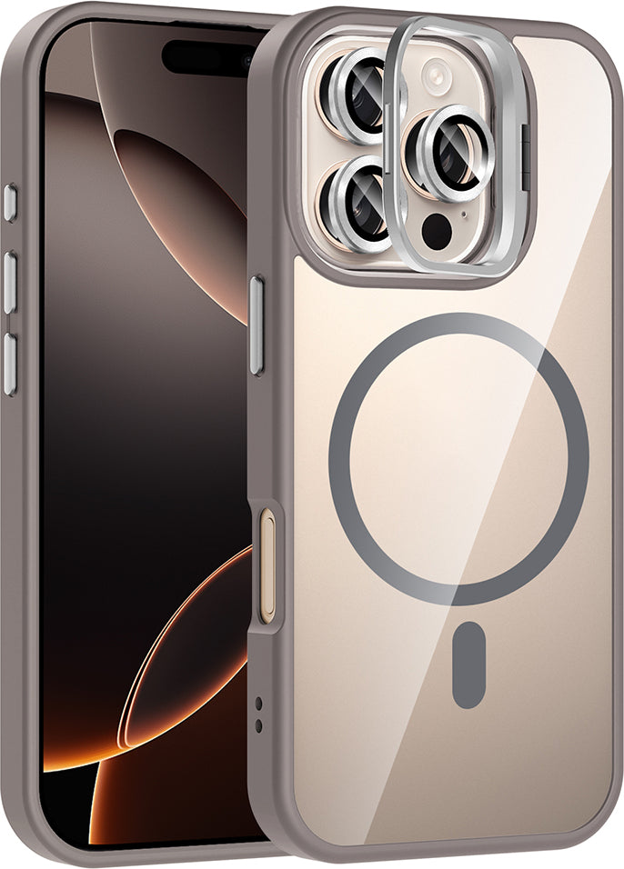 iPhone 16 Pro Kılıf Standlı ve Kamera Lens Hediyeli M-Safe Şarj Özellikli Mnc Etro Kapak - Gri