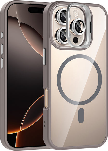 iPhone 16 Pro Kılıf Standlı ve Kamera Lens Hediyeli M-Safe Şarj Özellikli Mnc Etro Kapak - Gri