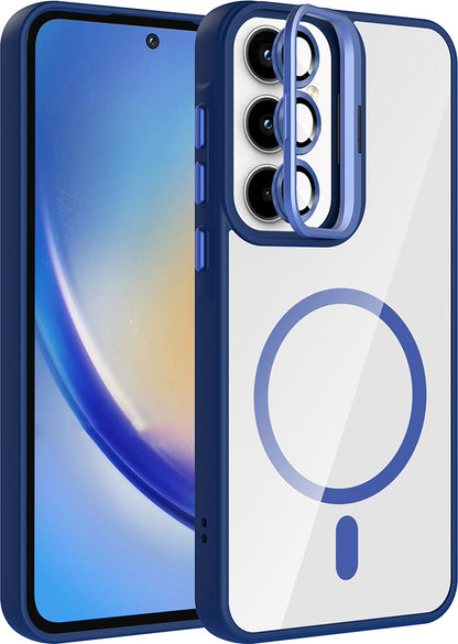 Galaxy A55 Kılıf Standlı ve Kamera Lens Hediyeli M-Safe Şarj Özellikli Mnc Etro Kapak - Lacivert