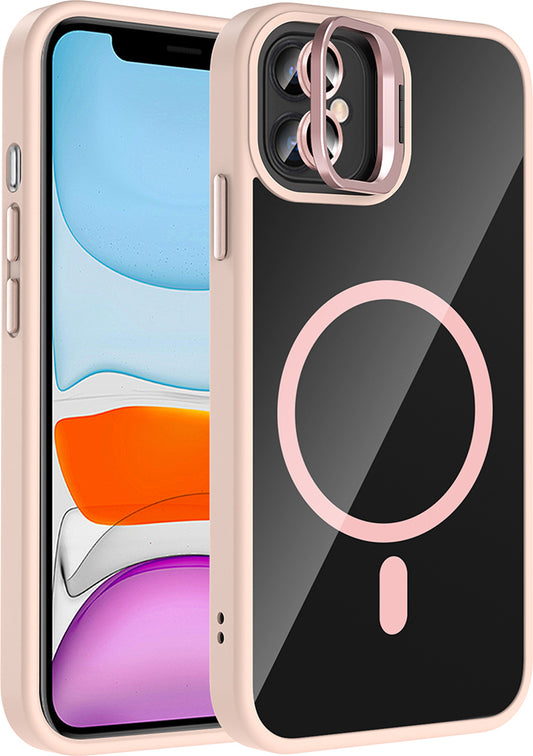 iPhone 11 Kılıf Standlı ve Kamera Lens Hediyeli M-Safe Şarj Özellikli Mnc Etro Kapak - Pembe