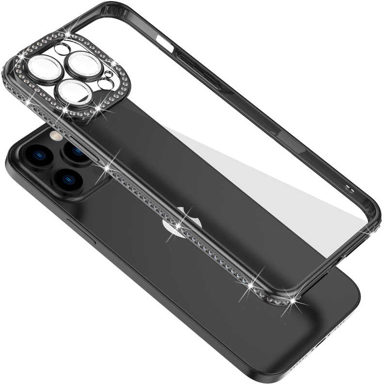 iPhone 12 Pro Kılıf Kamera Korumalı Taşlı Mnc Mina Kapak-Rose Gold