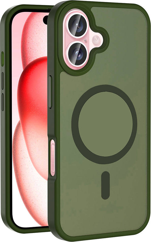 iPhone 16 Plus Kılıf Magsafe Şarj Özellikli Mat Arka Yüzey Mnc Sio Kapak-Koyu Yeşil