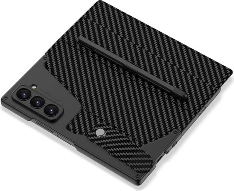 Galaxy Z Fold 6 Kılıf Kamera Korumalı Karbon Tasarımlı Mnc Kıpta Kalemli Fest Kapak-Siyah Karbon