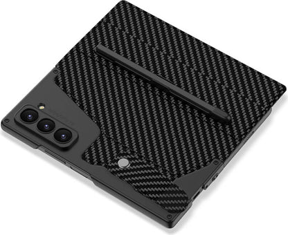 Galaxy Z Fold 6 Kılıf Kamera Korumalı Karbon Tasarımlı Mnc Kıpta Kalemli Fest Kapak-Siyah Karbon