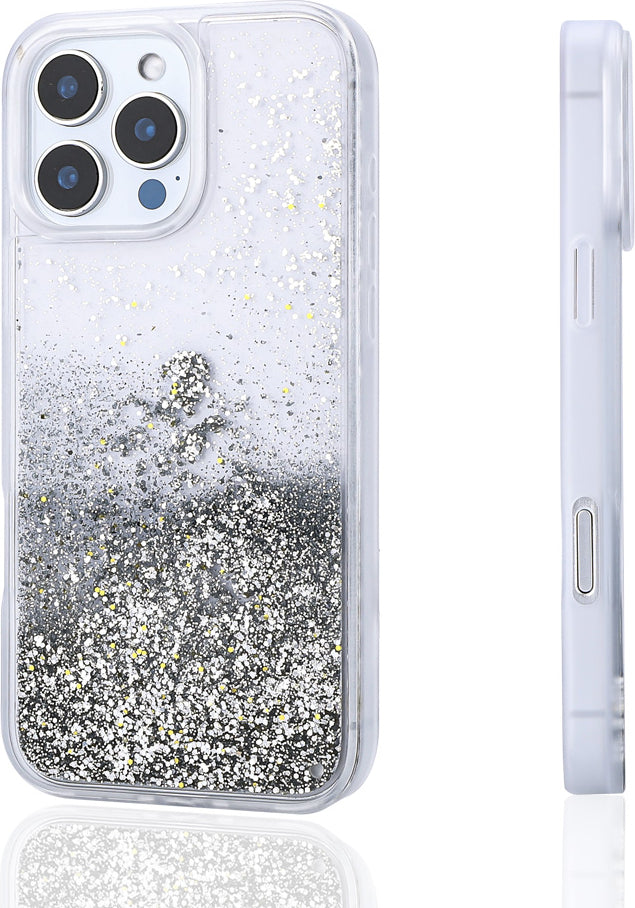 iPhone 15 Pro Max Uyumlu Kılıf Sıvılı Simli Şeffaf Arka Yüzey Mnc Keto Silikon Kapak-Gümüş