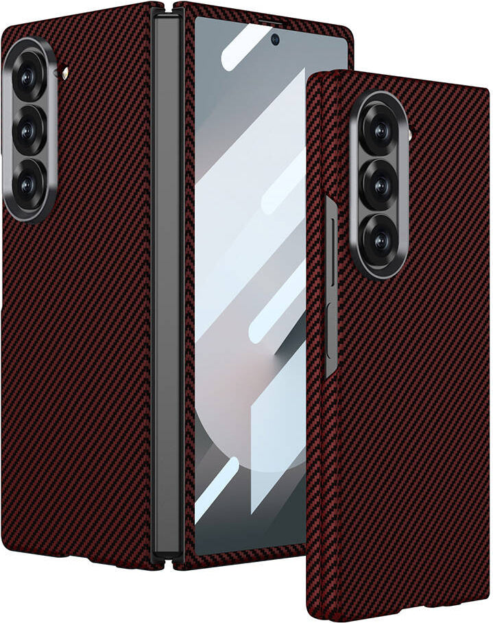 Galaxy Z Fold 6 Kılıf Kamera Korumalı Karbon Fiber Tasarımlı Arka Yüzey Mnc Kıpta Karbon Kapak-Kırm