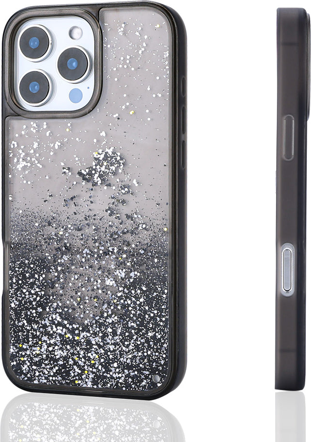 iPhone 16 Pro Max Uyumlu Kılıf Sıvılı Simli Şeffaf Arka Yüzey Mnc Keto Silikon Kapak-Siyah