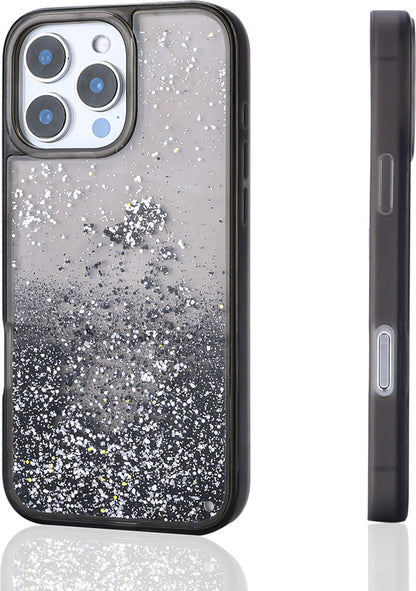 iPhone 16 Pro Max Uyumlu Kılıf Sıvılı Simli Şeffaf Arka Yüzey Mnc Keto Silikon Kapak-Siyah