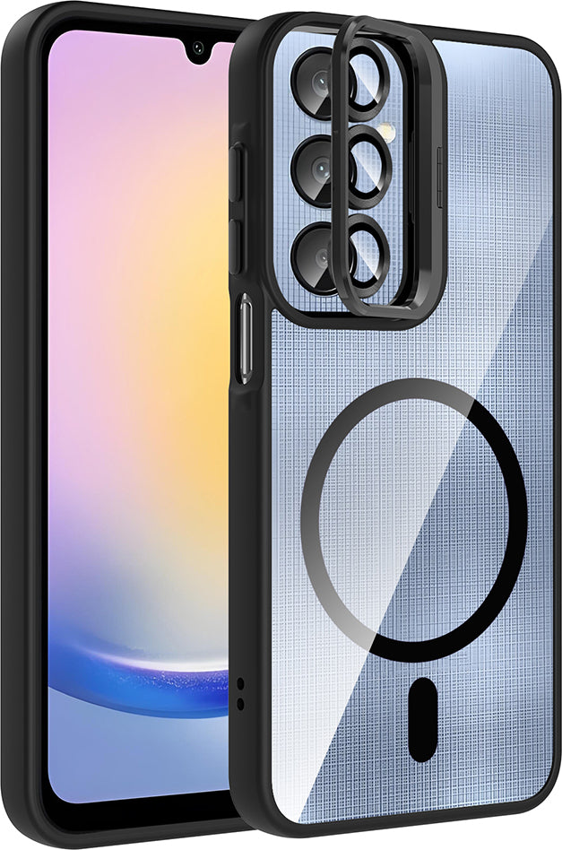Galaxy A25 Kılıf Standlı ve Kamera Lens Hediyeli M-Safe Şarj Özellikli Mnc Etro Kapak - Siyah