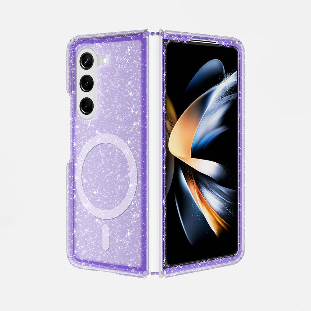 Galaxy Z Fold 6 Kılıf Magsafe Şarj Özellikli Parlayan Simli Saydam Renkli Mnc Allstar Kapak-Mor