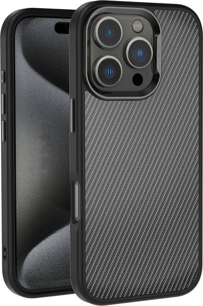 Apple iPhone 16 Pro Kılıf Karbon Fiber Görünümlü Parlak Kamera Çerçeveli Mnc Venus Kapak-Siyah