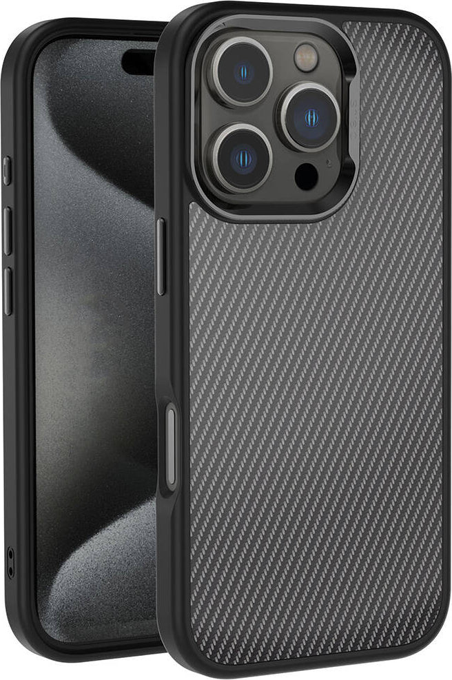 Apple iPhone 16 Pro Max Kılıf Karbon Fiber Görünümlü Parlak Kamera Çerçeveli Mnc Venus Kapak-Siyah