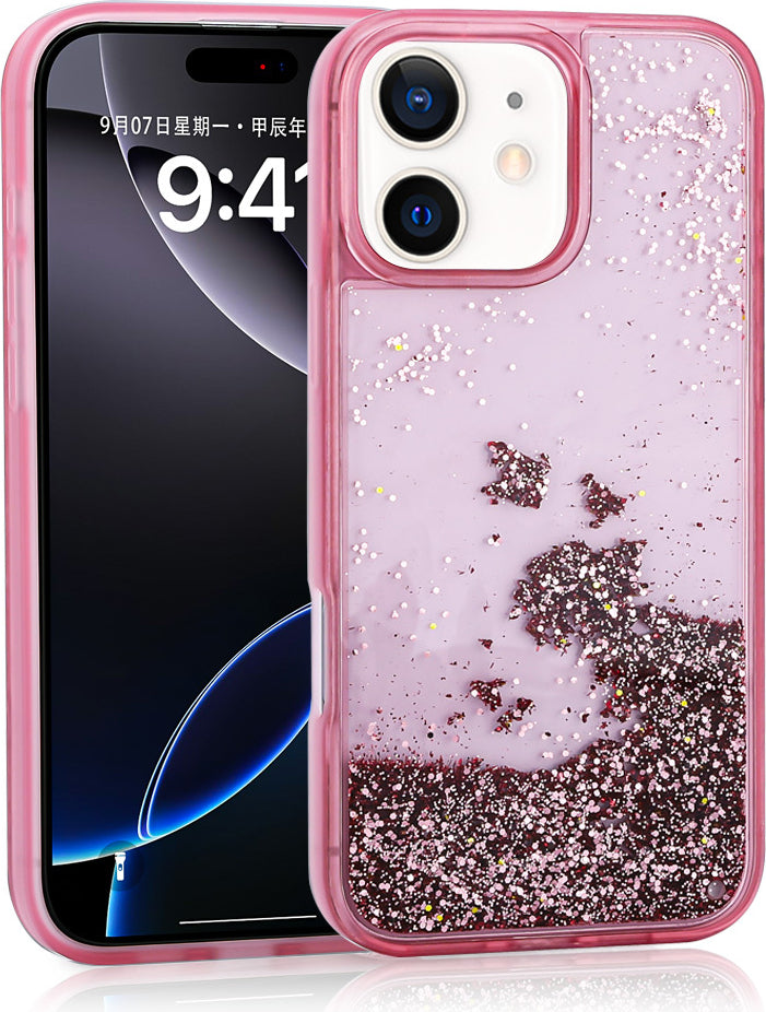 iPhone 11 Uyumlu Kılıf Sıvılı Simli Şeffaf Arka Yüzey Mnc Keto Silikon Kapak-Pembe