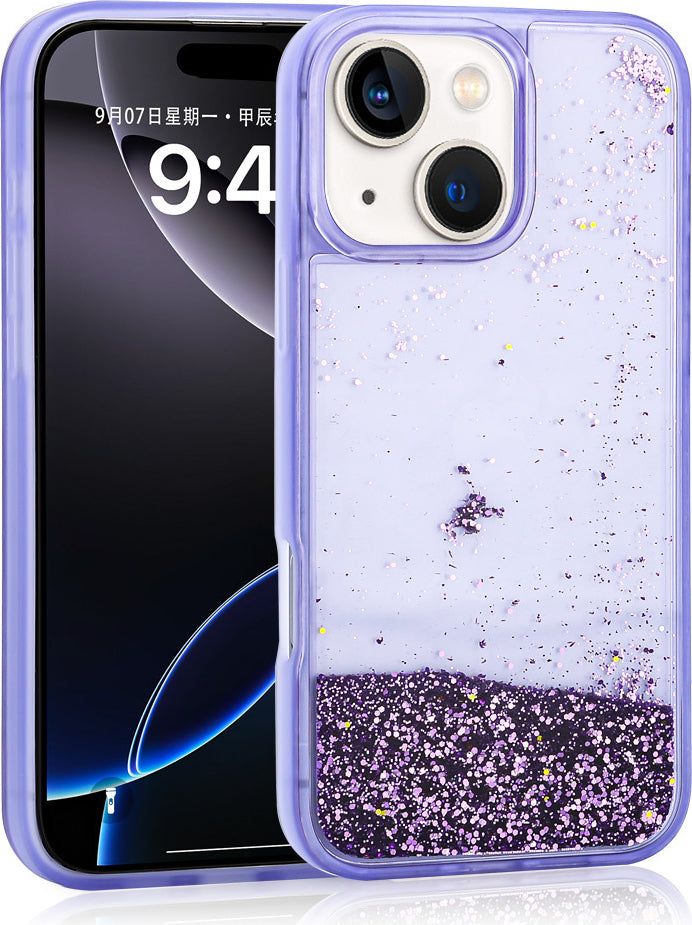 iPhone 15 Uyumlu Kılıf Sıvılı Simli Şeffaf Arka Yüzey Mnc Keto Silikon Kapak-Mor