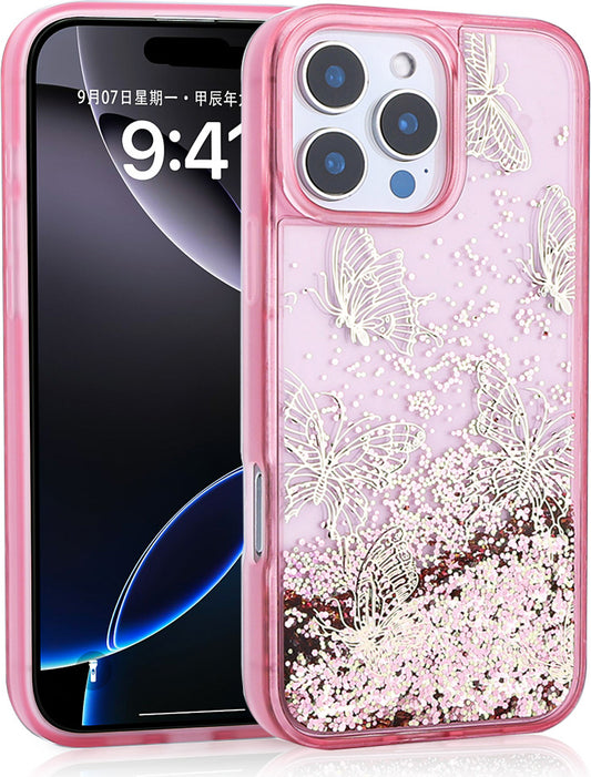 iPhone 16 Pro Uyumlu Kılıf Sıvılı Simli Kelebek Baskılı Şeffaf Arka Yüzey Mnc Glis Silikon Kapak-Pe